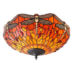 Interiors 1900 Dragonfly Medium 2 Light Tiffany Flush Ceiling Light in Dark Bronze with Flame Glass
