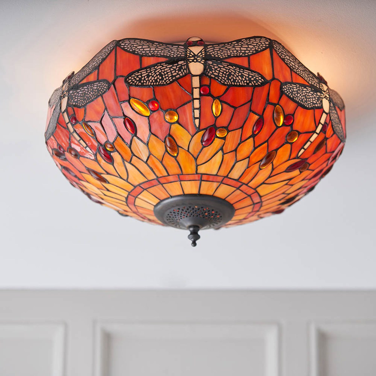 Interiors 1900 Dragonfly Medium 2 Light Tiffany Flush Ceiling Light in Dark Bronze with Flame Glass