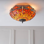 Interiors 1900 Dragonfly Medium 2 Light Tiffany Flush Ceiling Light in Dark Bronze with Flame Glass