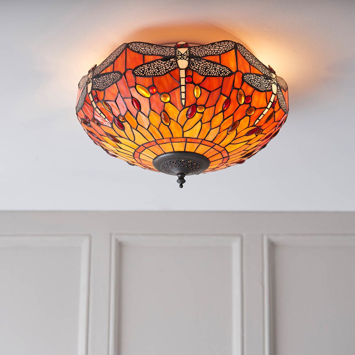 Interiors 1900 Dragonfly Medium 2 Light Tiffany Flush Ceiling Light in Dark Bronze with Flame Glass