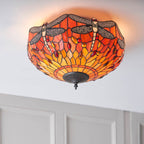 Interiors 1900 Dragonfly Medium 2 Light Tiffany Flush Ceiling Light in Dark Bronze with Flame Glass