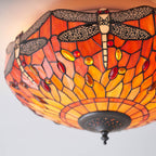 Interiors 1900 Dragonfly Medium 2 Light Tiffany Flush Ceiling Light in Dark Bronze with Flame Glass