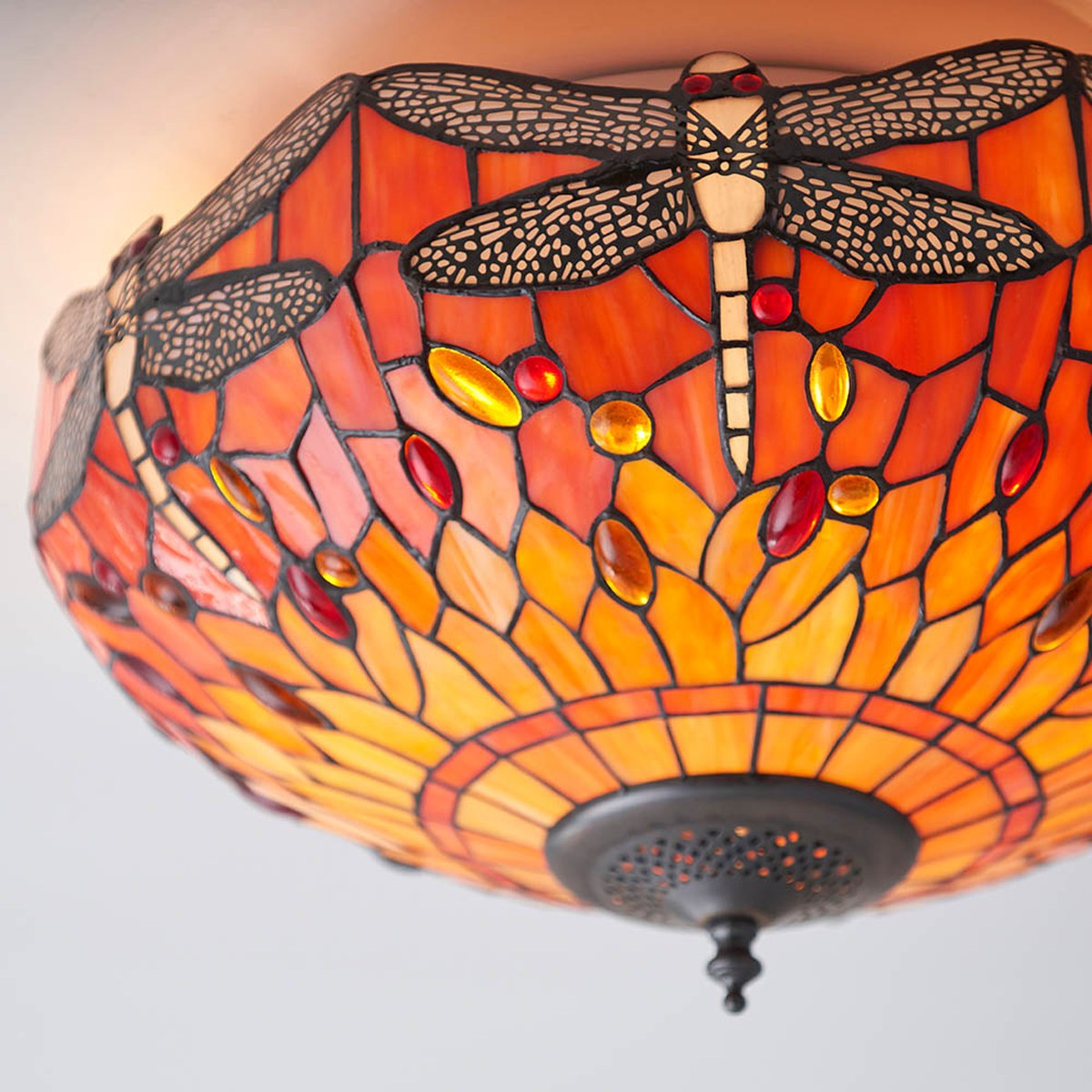 Interiors 1900 Dragonfly Medium 2 Light Tiffany Flush Ceiling Light in Dark Bronze with Flame Glass