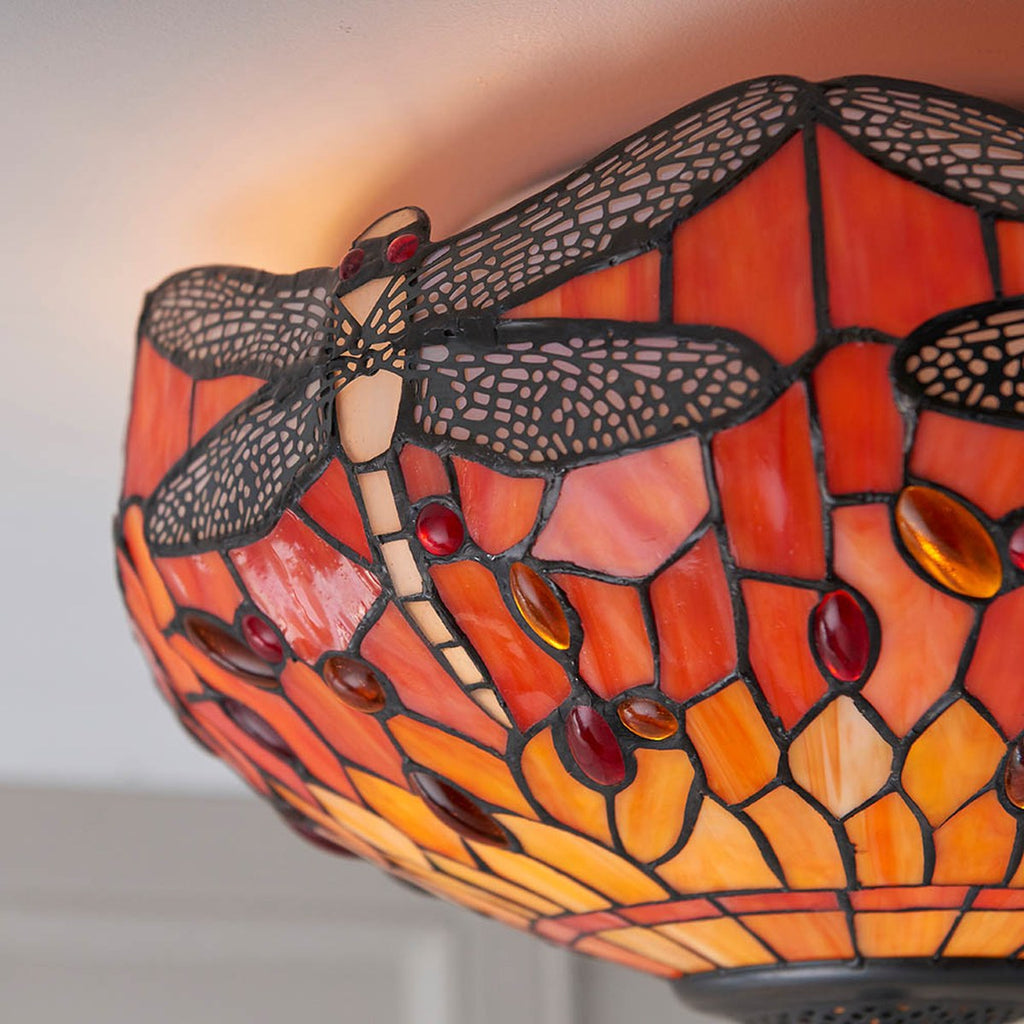 Interiors 1900 Dragonfly Medium 2 Light Tiffany Flush Ceiling Light in Dark Bronze with Flame Glass