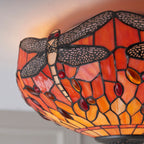 Interiors 1900 Dragonfly Medium 2 Light Tiffany Flush Ceiling Light in Dark Bronze with Flame Glass
