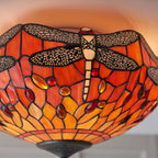 Interiors 1900 Dragonfly Medium 2 Light Tiffany Flush Ceiling Light in Dark Bronze with Flame Glass