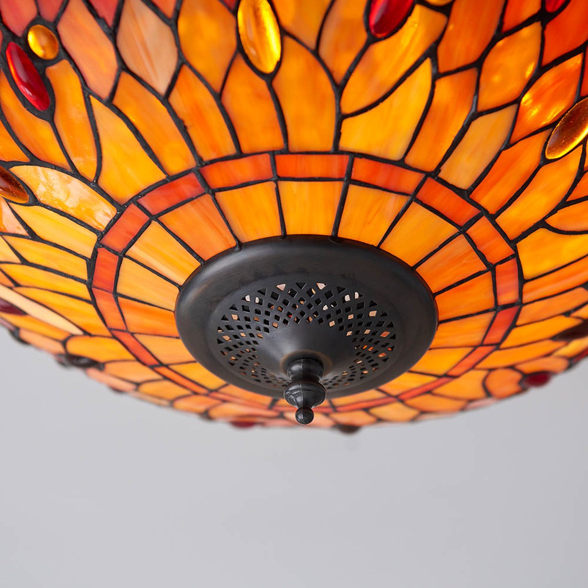 Interiors 1900 Dragonfly Medium 2 Light Tiffany Flush Ceiling Light in Dark Bronze with Flame Glass