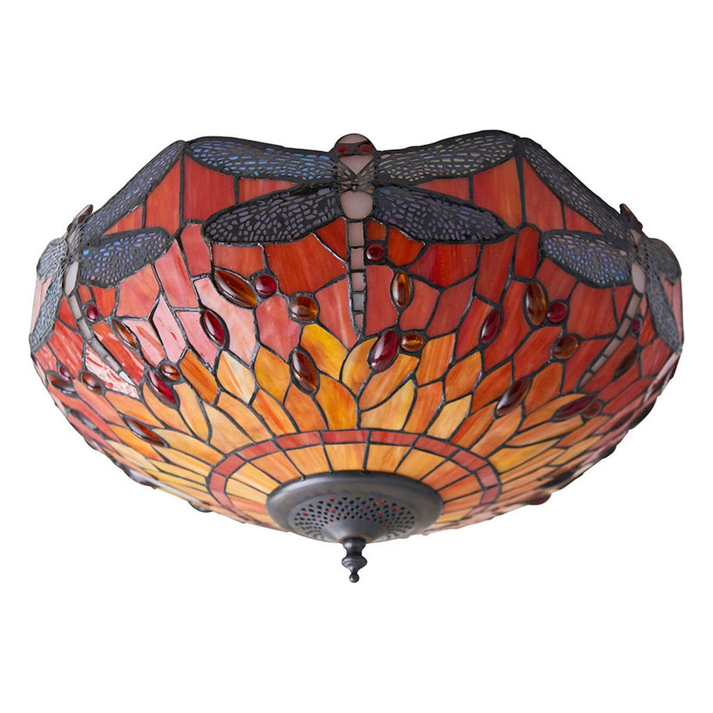 Interiors 1900 Dragonfly Medium 2 Light Tiffany Flush Ceiling Light in Dark Bronze with Flame Glass