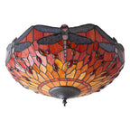 Interiors 1900 Dragonfly Medium 2 Light Tiffany Flush Ceiling Light in Dark Bronze with Flame Glass