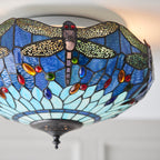 Interiors 1900 Dragonfly 2 Light Tiffany Flush Ceiling Light & Blue Glass