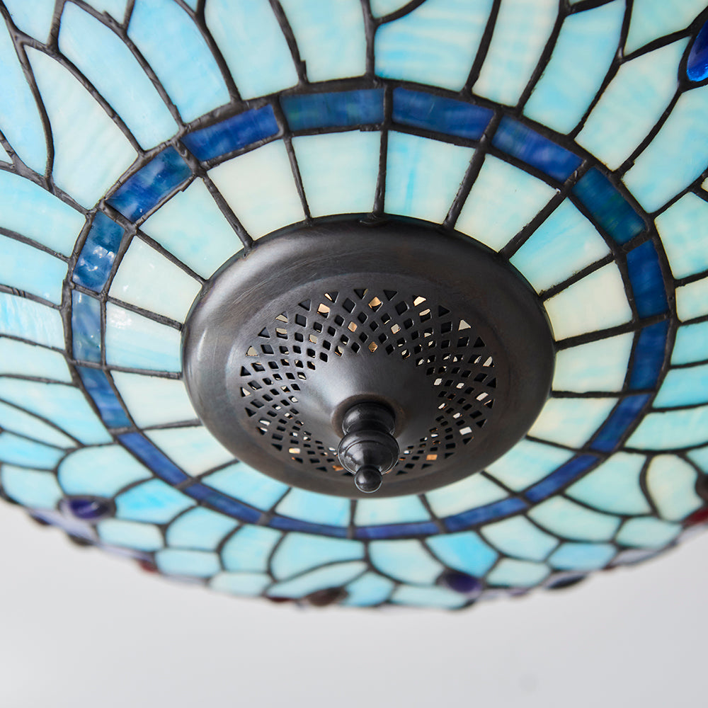 Interiors 1900 Dragonfly 2 Light Tiffany Flush Ceiling Light & Blue Glass