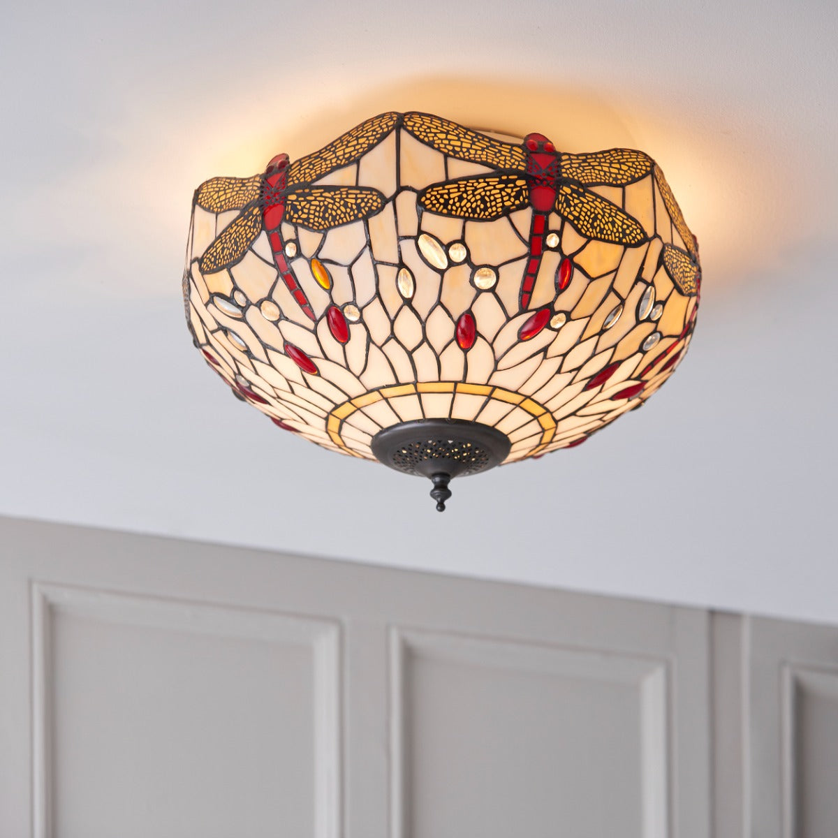Interiors 1900 Dragonfly 2 Light Tiffany Flush Ceiling Light & Beige Glass
