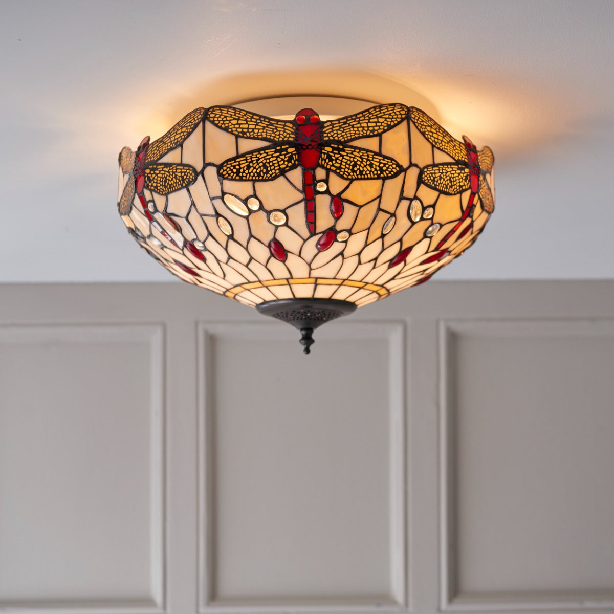 Interiors 1900 Dragonfly 2 Light Tiffany Flush Ceiling Light & Beige Glass
