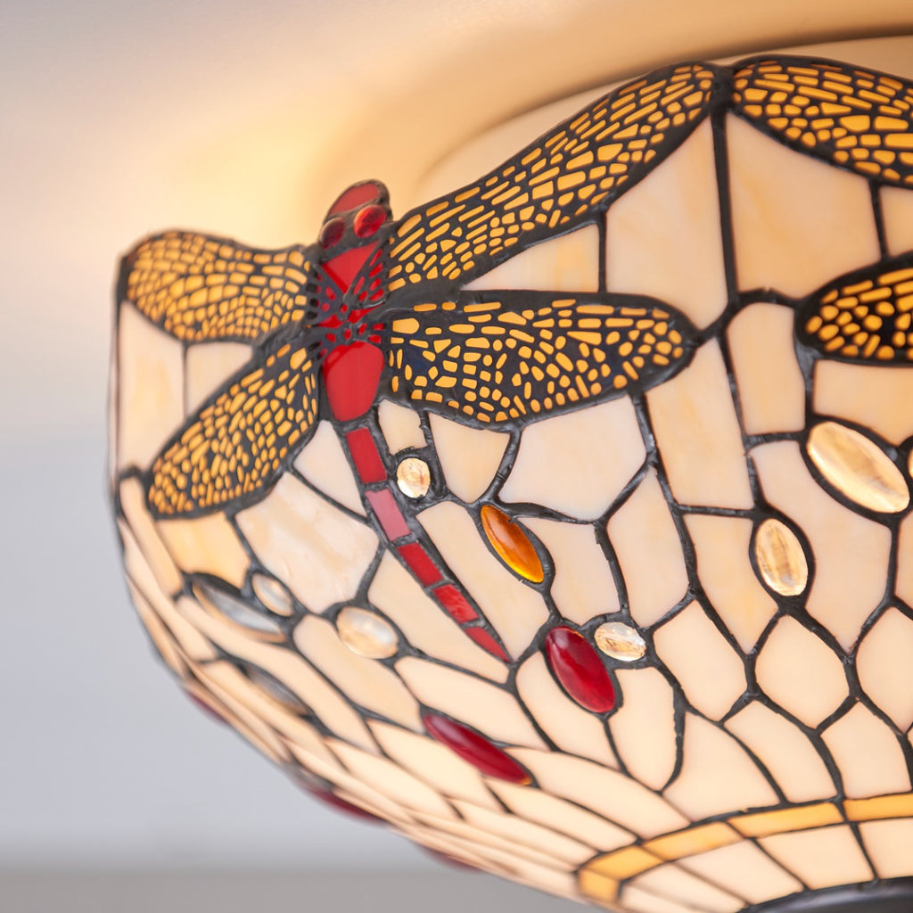 Interiors 1900 Dragonfly 2 Light Tiffany Flush Ceiling Light & Beige Glass