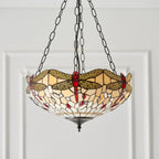 Interiors 1900 Dragonfly Medium 3 Light Tiffany Pendant Light in Satin Black & Beige Glass