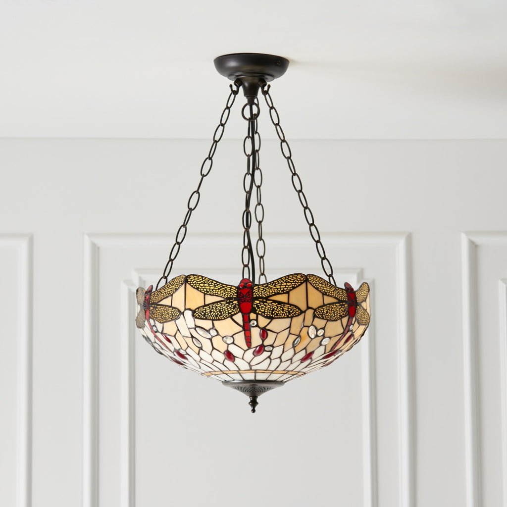 Interiors 1900 Dragonfly Medium 3 Light Tiffany Pendant Light in Satin Black & Beige Glass