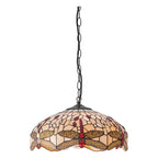Interiors 1900 Dragonfly Medium 3 Light Tiffany Pendant Light in Satin Black with Beige Glass