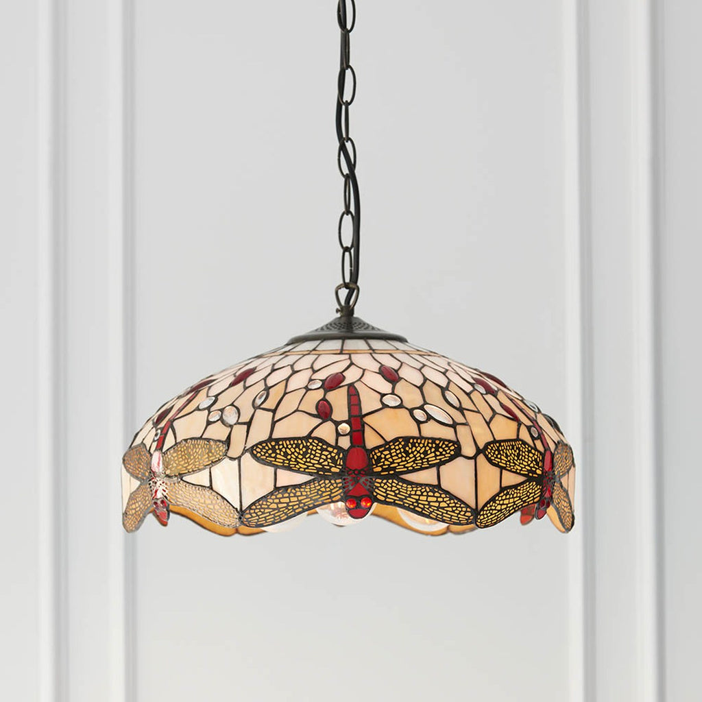 Interiors 1900 Dragonfly Medium 3 Light Tiffany Pendant Light in Satin Black with Beige Glass