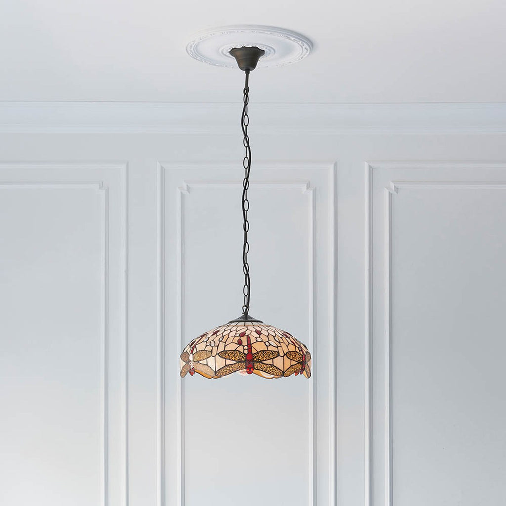 Interiors 1900 Dragonfly Medium 3 Light Tiffany Pendant Light in Satin Black with Beige Glass