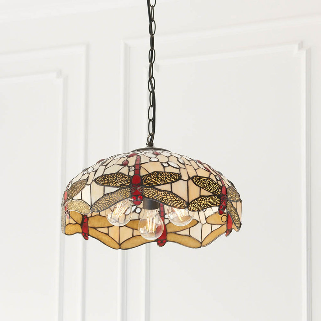 Interiors 1900 Dragonfly Medium 3 Light Tiffany Pendant Light in Satin Black with Beige Glass