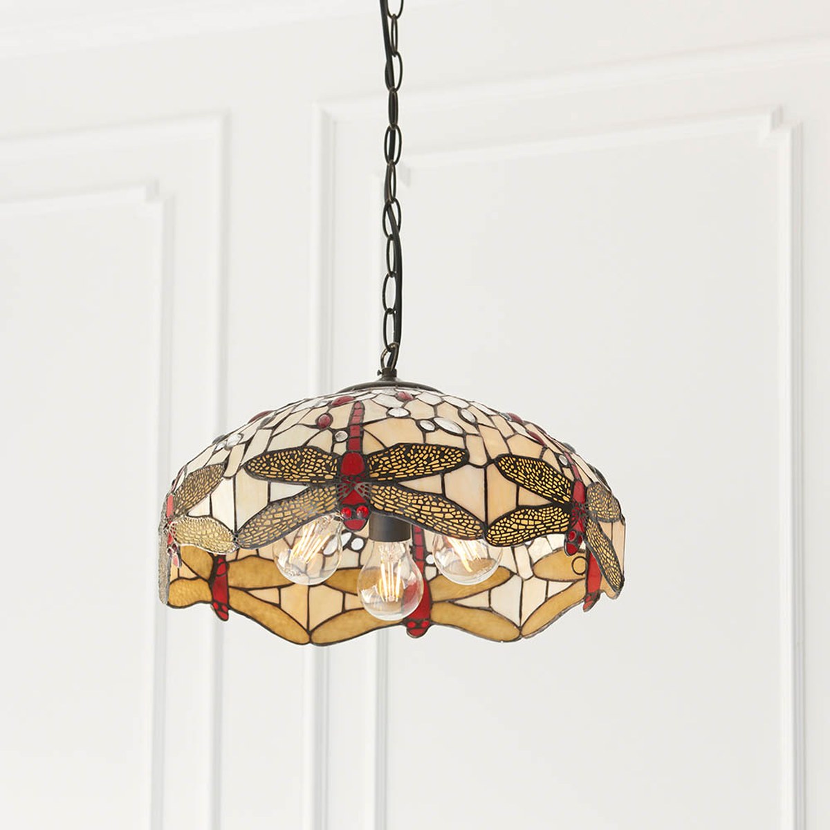 Interiors 1900 Dragonfly Medium 3 Light Tiffany Pendant Light in Satin Black with Beige Glass