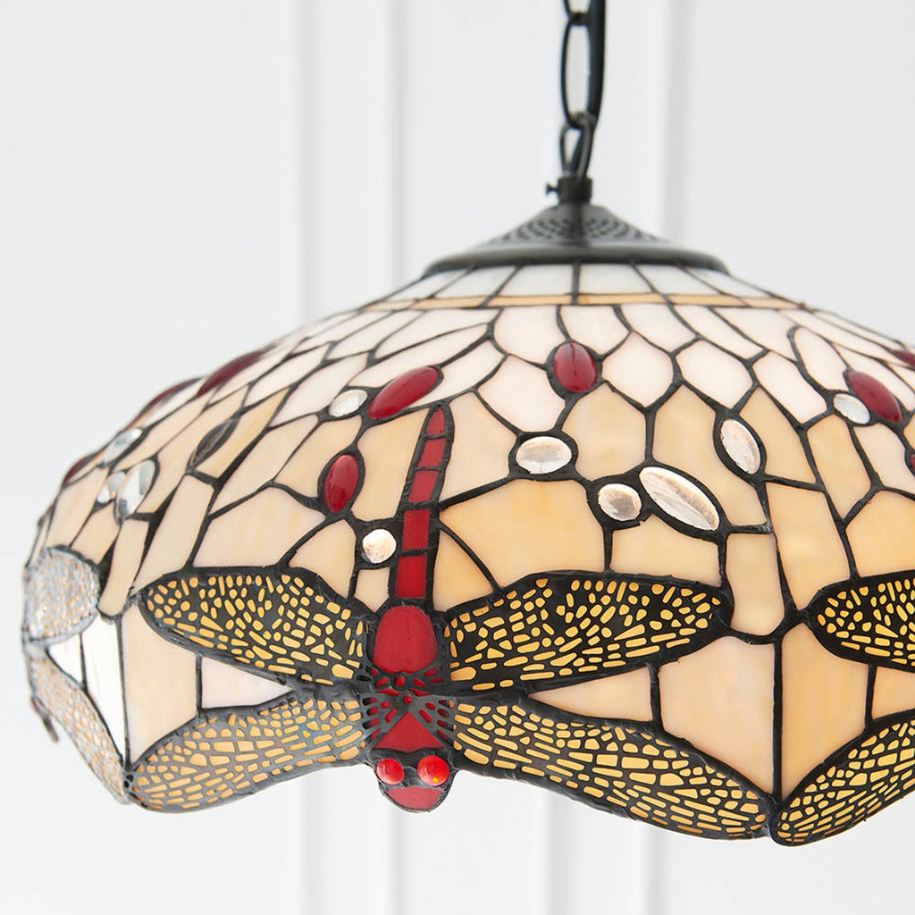 Interiors 1900 Dragonfly Medium 3 Light Tiffany Pendant Light in Satin Black with Beige Glass