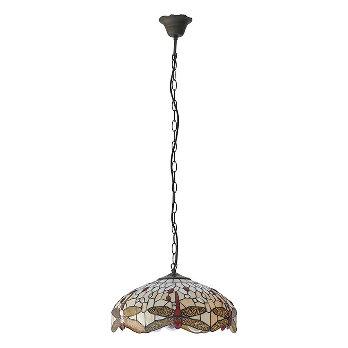 Interiors 1900 Dragonfly Medium 3 Light Tiffany Pendant Light in Satin Black with Beige Glass