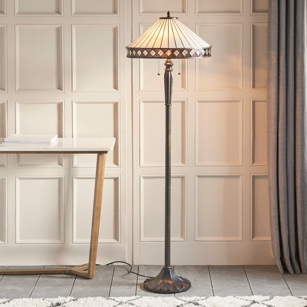 Interiors 1900 Fargo 2 Light Tiffany Floor Lamp in Satin Black
