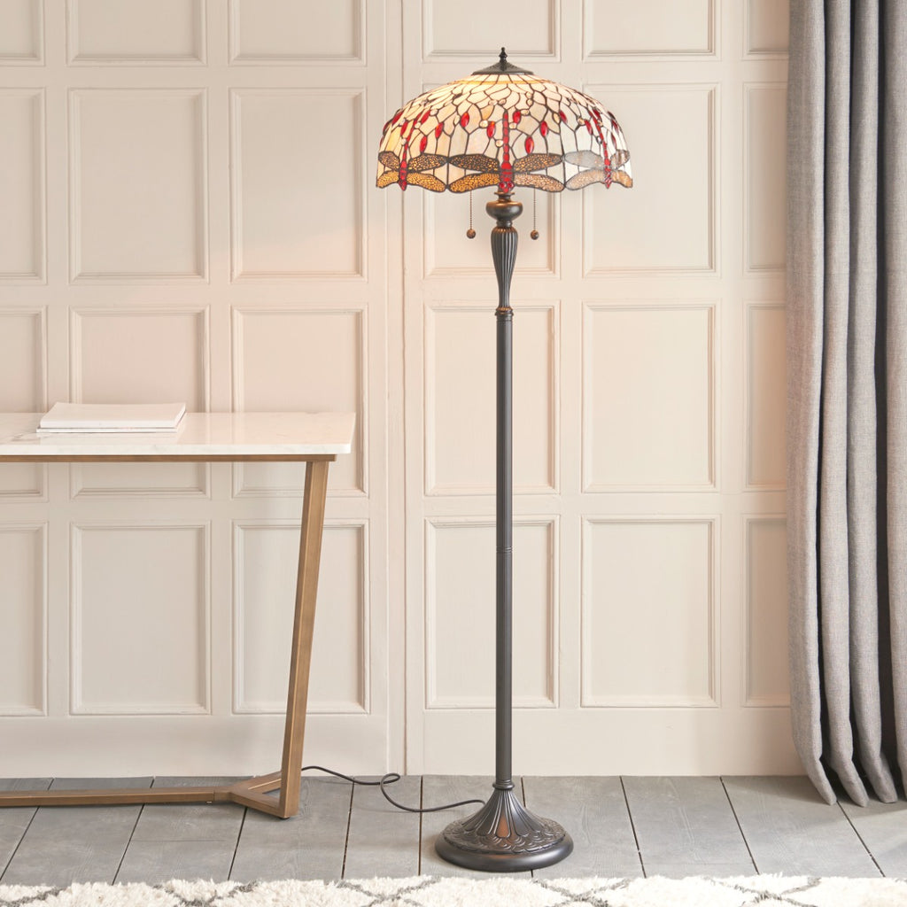 Interiors 1900 Dragonfly 2 Light Tiffany Floor Lamp in Satin Black & Beige Glass