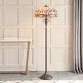 Interiors 1900 Dragonfly 2 Light Tiffany Floor Lamp in Satin Black & Beige Glass