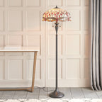 Interiors 1900 Dragonfly 2 Light Tiffany Floor Lamp in Satin Black & Beige Glass