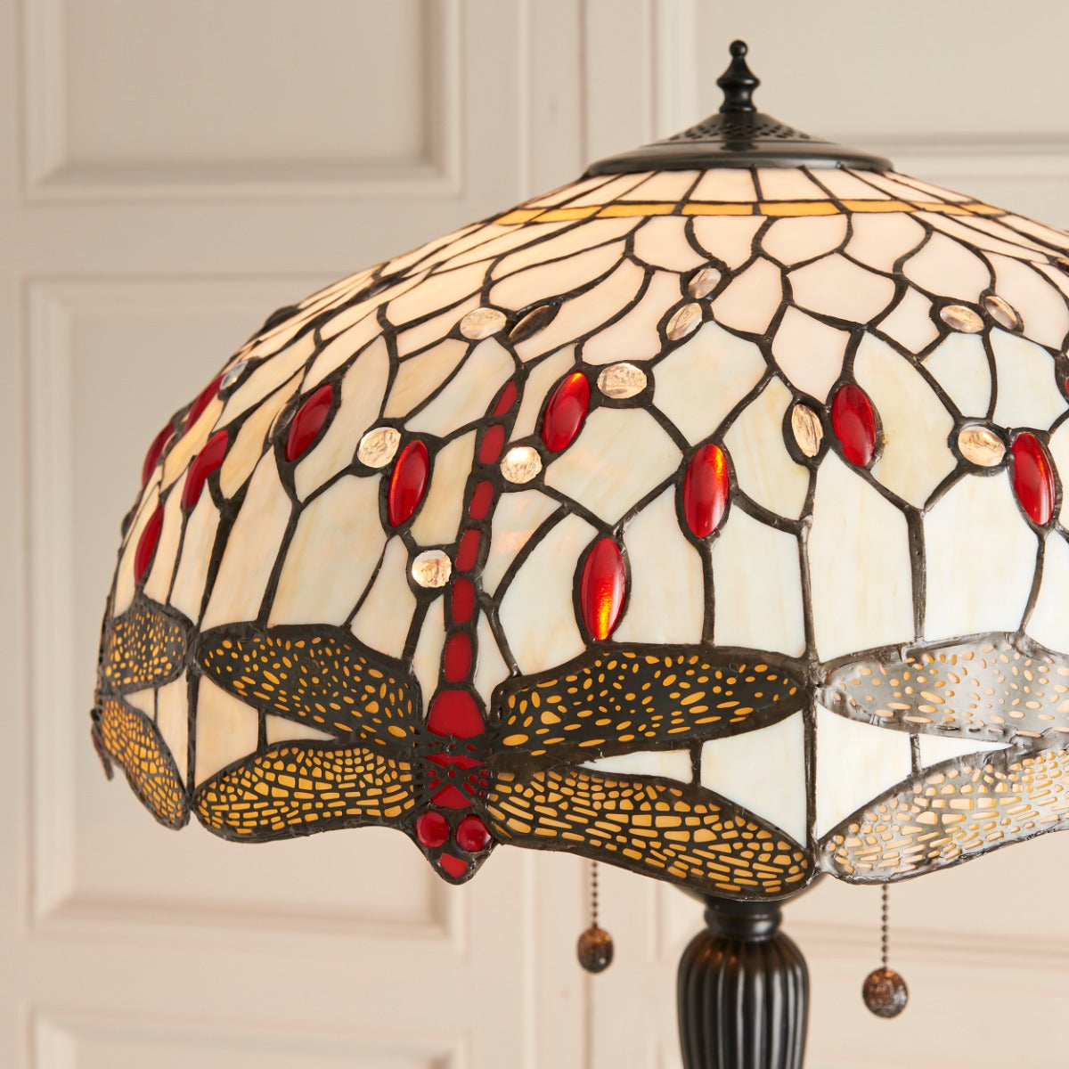Interiors 1900 Dragonfly 2 Light Tiffany Floor Lamp in Satin Black & Beige Glass