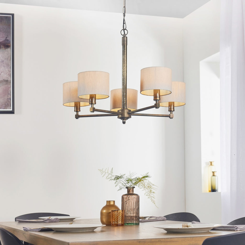 Endon Indara 5 Light Pendant Light in Hammered Bronze with Natural Linen Mix Fabric