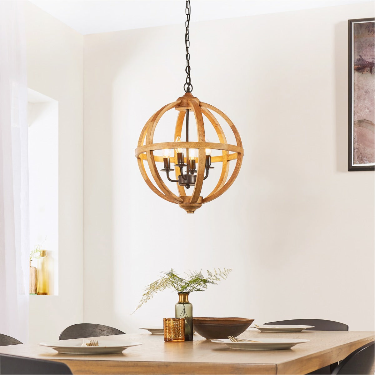 Endon Toba 4 Light Pendant Light in Mango Wood and Dark Bronze Paint