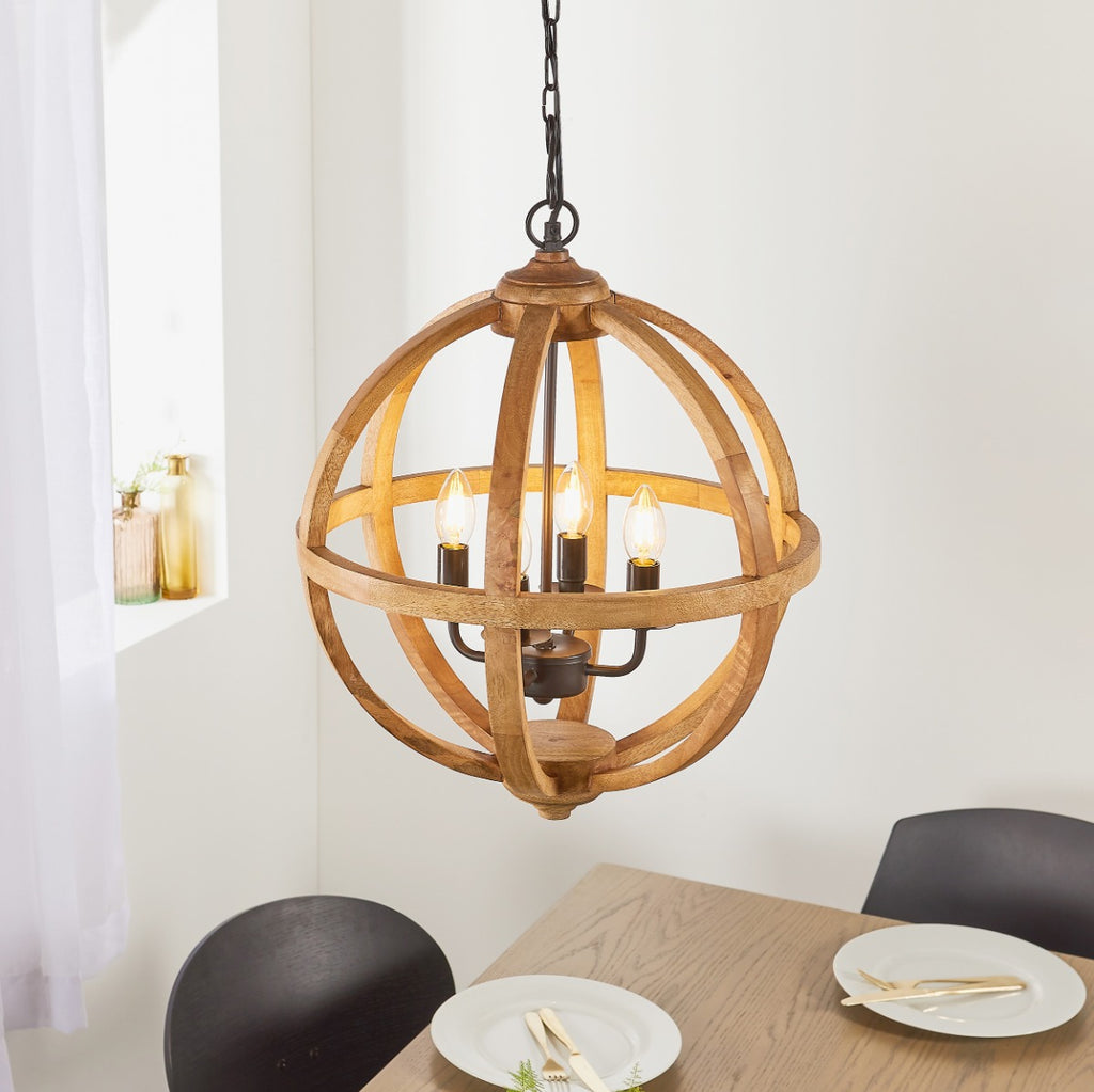Endon Toba 4 Light Pendant Light in Mango Wood and Dark Bronze Paint