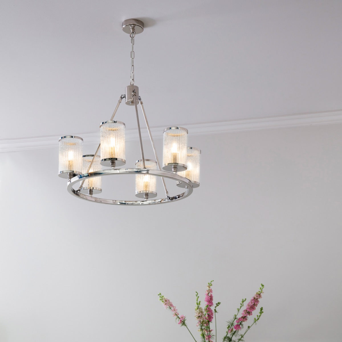 Endon Easton 6 Light Pendant Light in Bright Nickel with Ribbed Bubble Glass