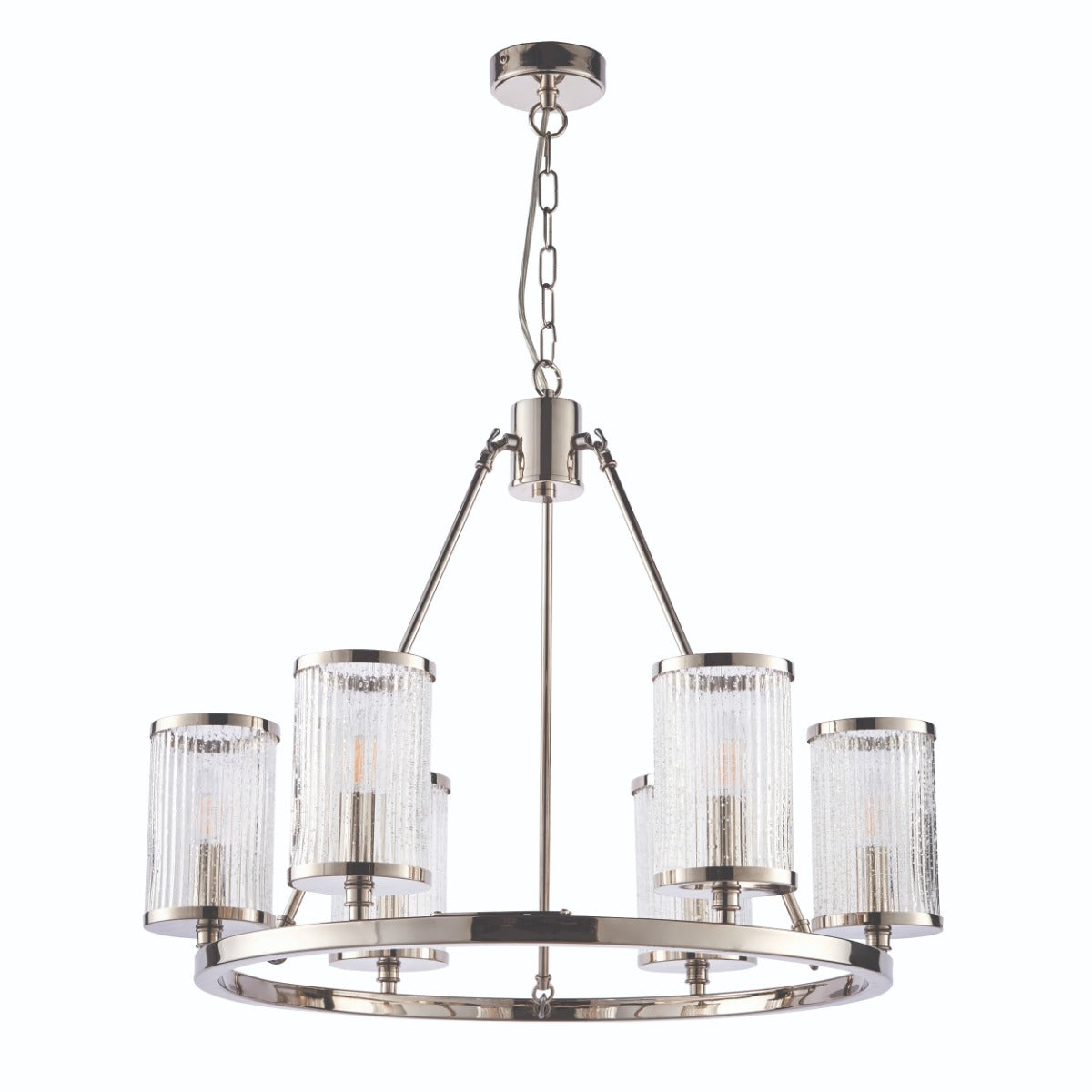 Endon Easton 6 Light Pendant Light in Bright Nickel with Ribbed Bubble Glass