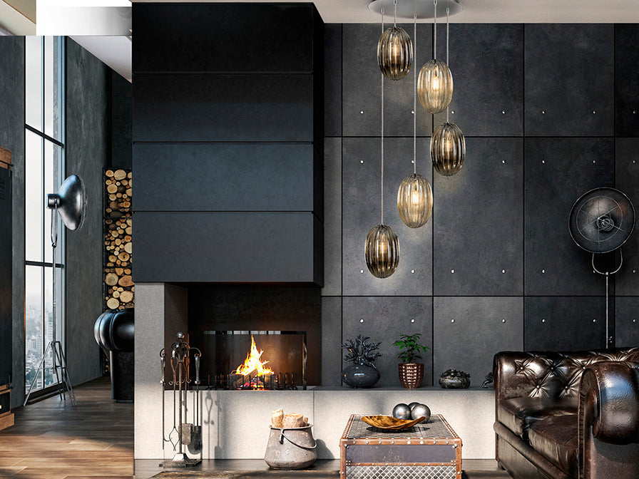 Schuller Ovila 5 Light Pendant Light in Chrome with Cognac and Smoky Grey Shade