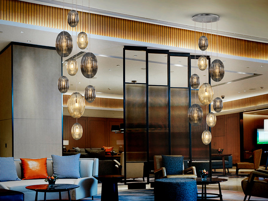 Schuller Ovila 9 Light Pendant Light in Chrome with Cognac and Smoky Grey Shade with Remote