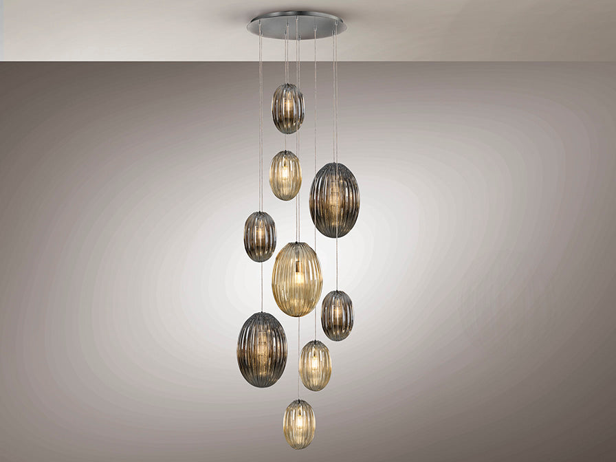 Schuller Ovila 9 Light Pendant Light in Chrome with Cognac and Smoky Grey Shade