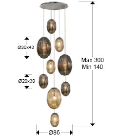 Schuller Ovila 9 Light Pendant Light in Chrome with Cognac and Smoky Grey Shade