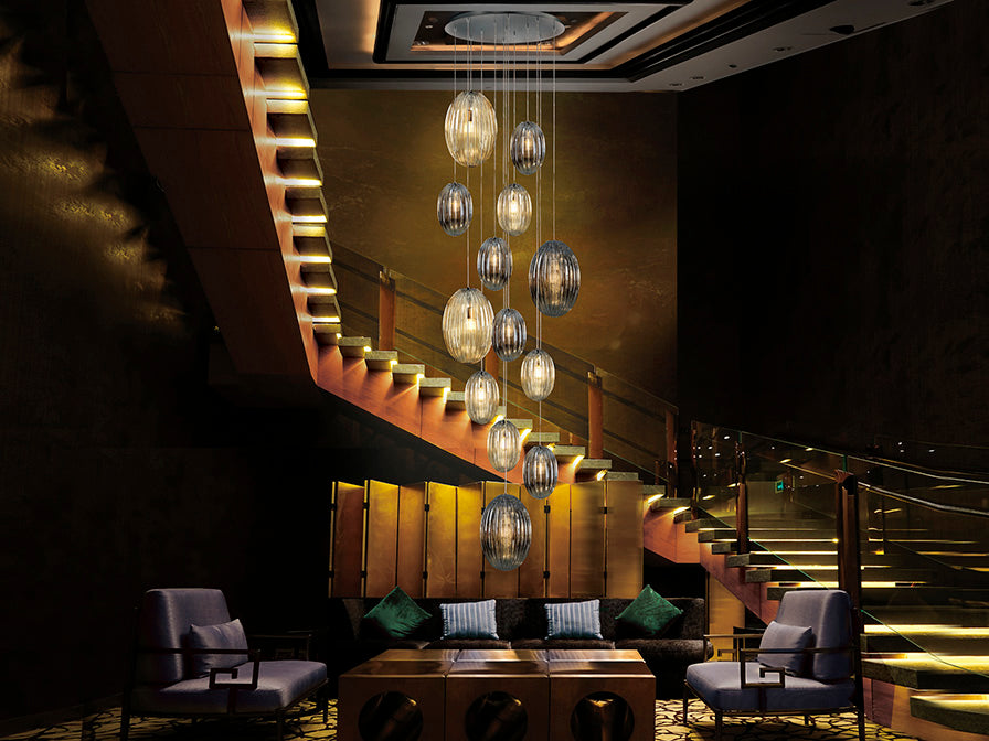 Schuller Ovila 13 Light Pendant Light in Chrome with Cognac and Smoky Grey Shade with Remote