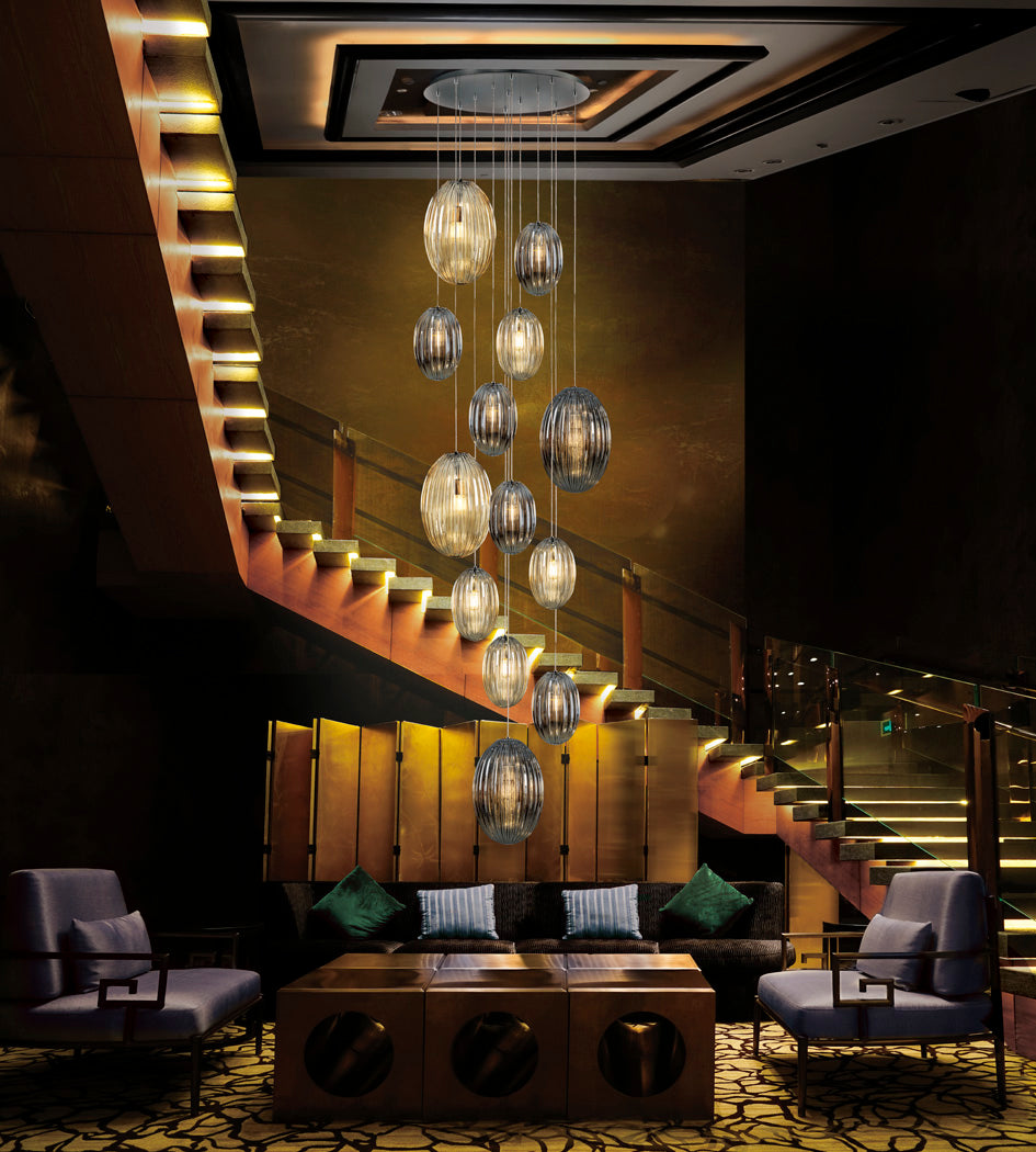 Schuller Ovila 13 Light Pendant Light in Chrome with Cognac and Smoky Grey
