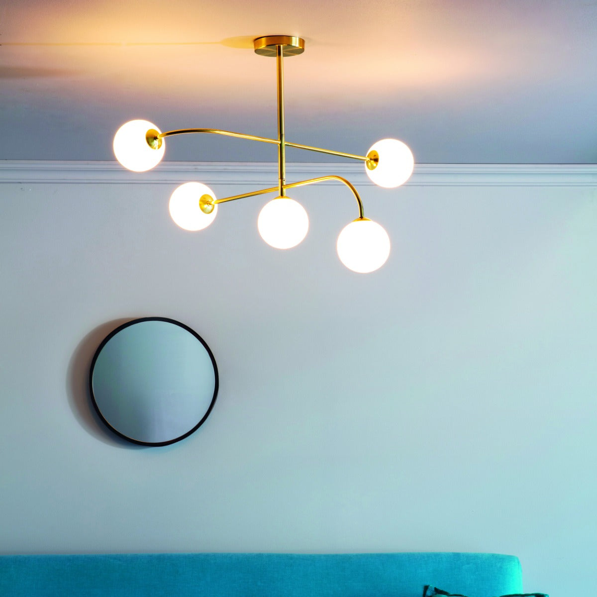Endon Otto 5 Light Semi Flush Ceiling Light in Satin Brass with Opal Glass