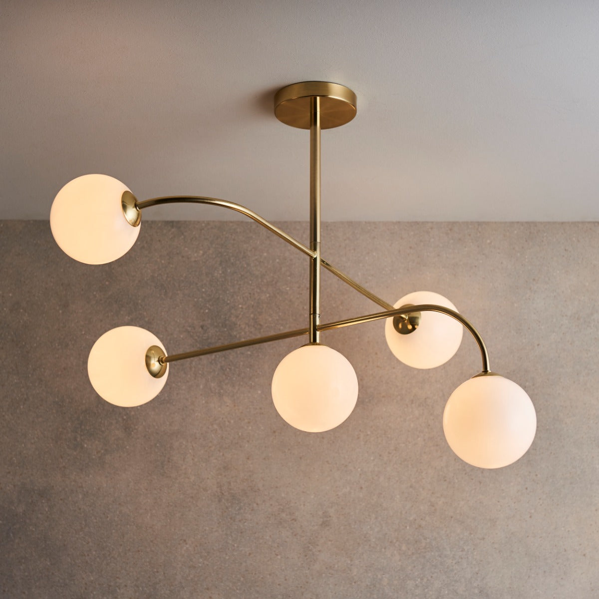 Endon Otto 5 Light Semi Flush Ceiling Light in Satin Brass with Opal Glass