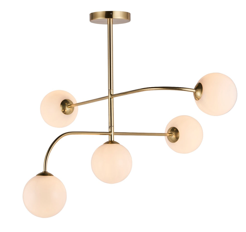 Endon Otto 5 Light Semi Flush Ceiling Light in Satin Brass with Opal Glass