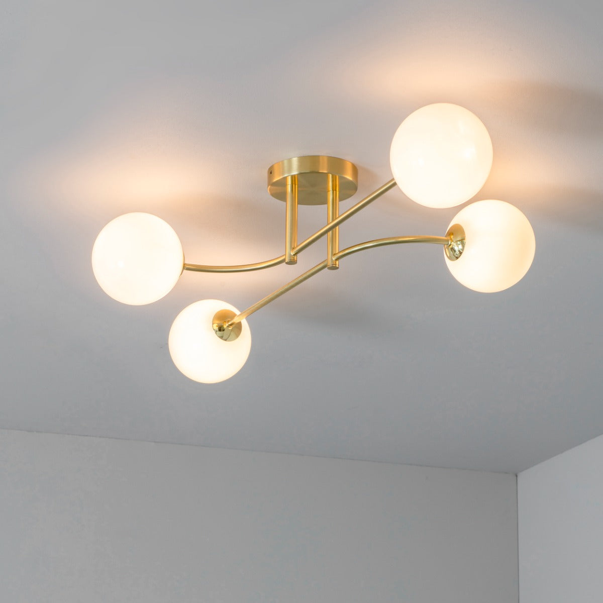 Endon Otto 4 Light Semi Flush Ceiling Light in Satin Brass with Opal Glass