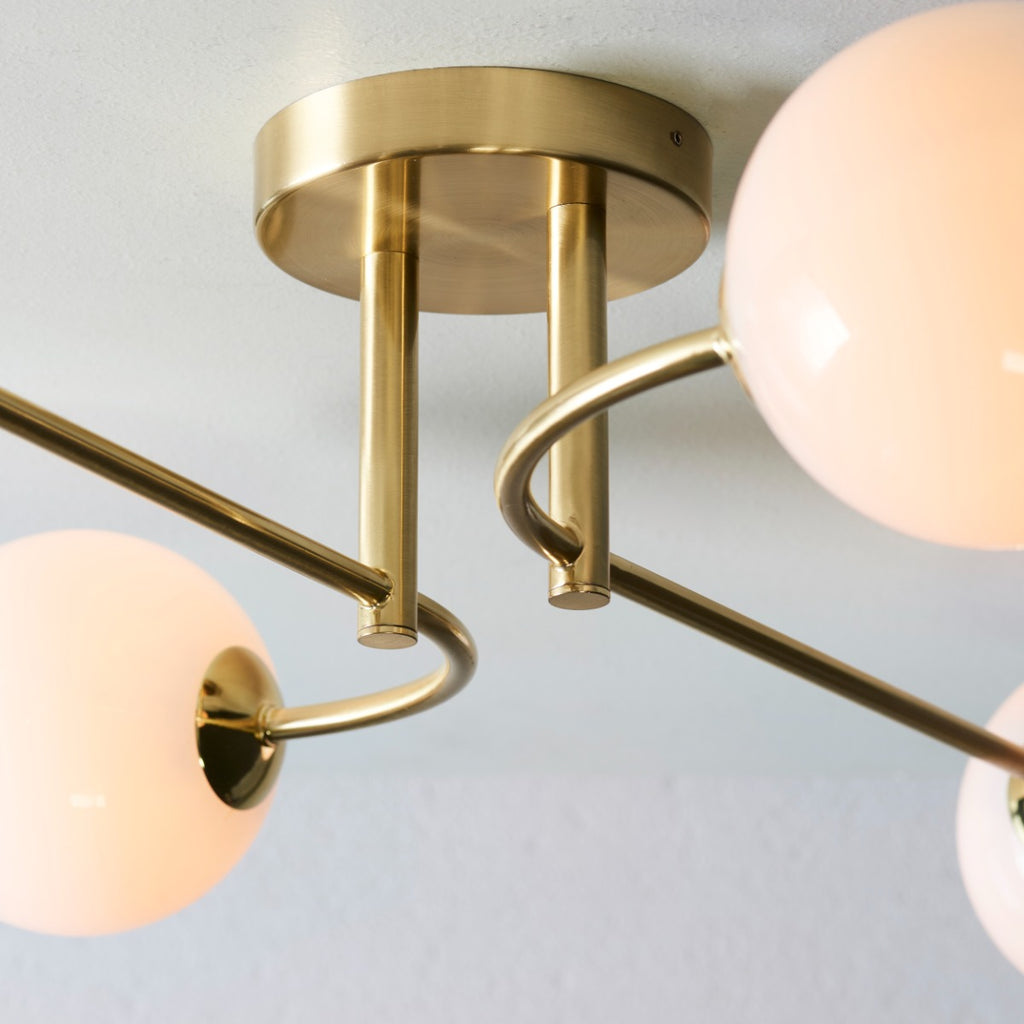 Endon Otto 4 Light Semi Flush Ceiling Light in Satin Brass with Opal Glass