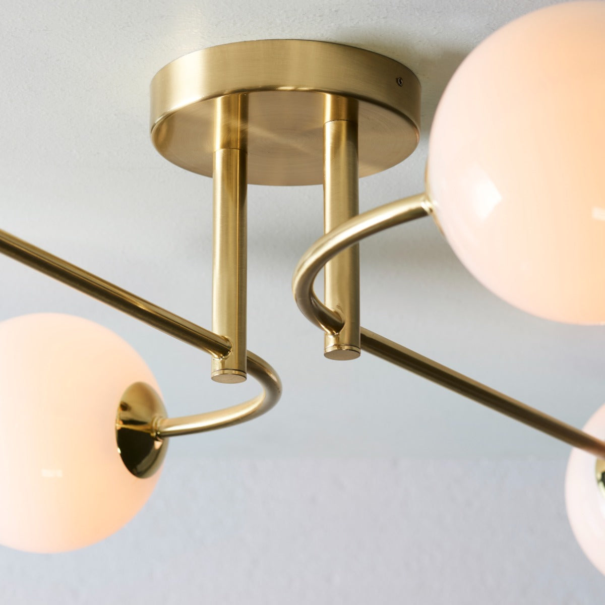 Endon Otto 4 Light Semi Flush Ceiling Light in Satin Brass with Opal Glass