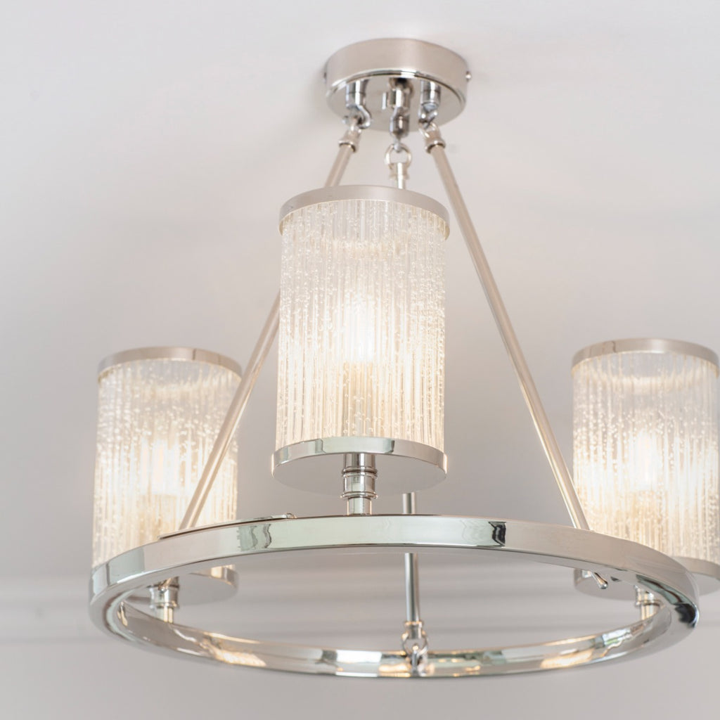 Endon Easton 3 Light Semi Flush Ceiling Light in Bright Nickel with Ribbed Bubble Glass